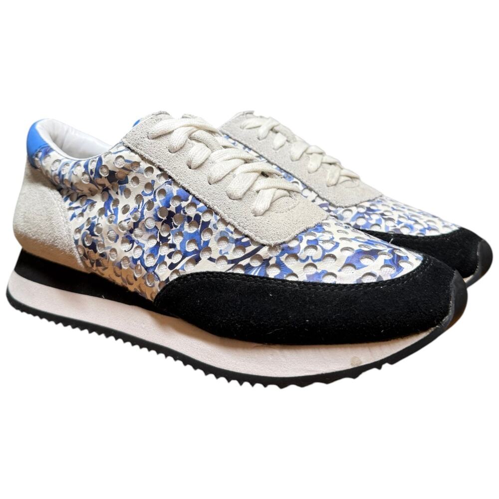 LOEFFLER RANDALL Rio Sz 8 Suede Blue Watercolor Floral Luxury Sneaker Jogger